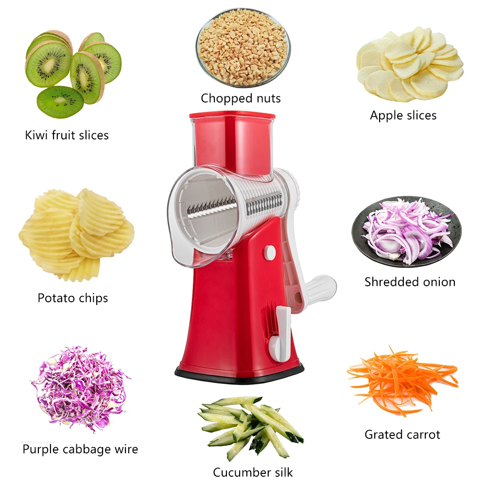 3-in-1 Rotary Cheese Grater With 6 Interchangeable Stainless Steel Blades -  Manual Mandoline Slicer For Cheese, Vegetables, Nuts, And Potatoes - Strong  Suction Base And Easy Grip Handle