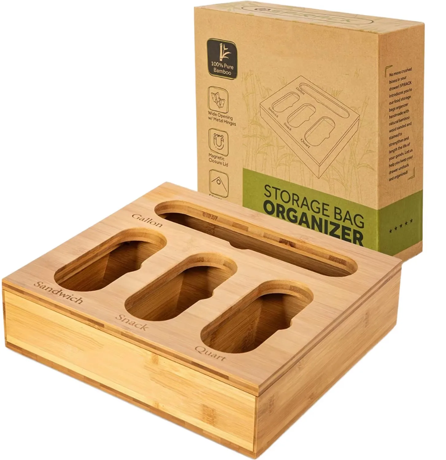 Bamboo Ziplock Bag Dispenser Organizers Box Bag Holder Drawer 4 in 1 Storage Organizer for Sandwich Gallon Snack