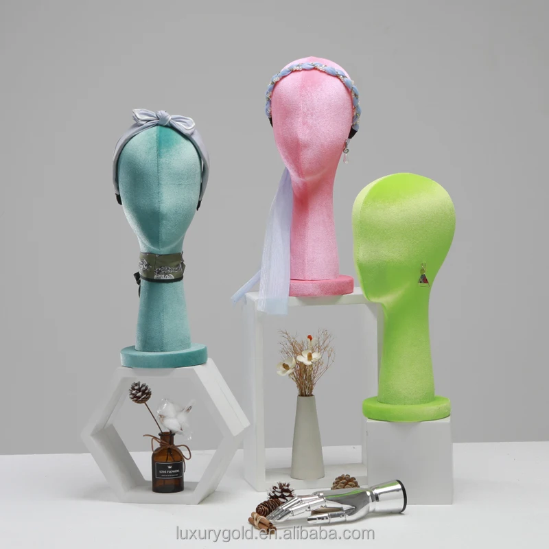 Luxury Hat Stand Headband Female Head Wig Manikin Head Round Base Rose Red Long Neck Velvet Mannequin Head for Wig