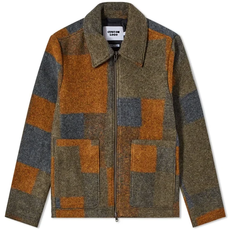 OEM Custom Boxy Fit Check Pattern Front Pockets Color Block Wool Jacket for Men