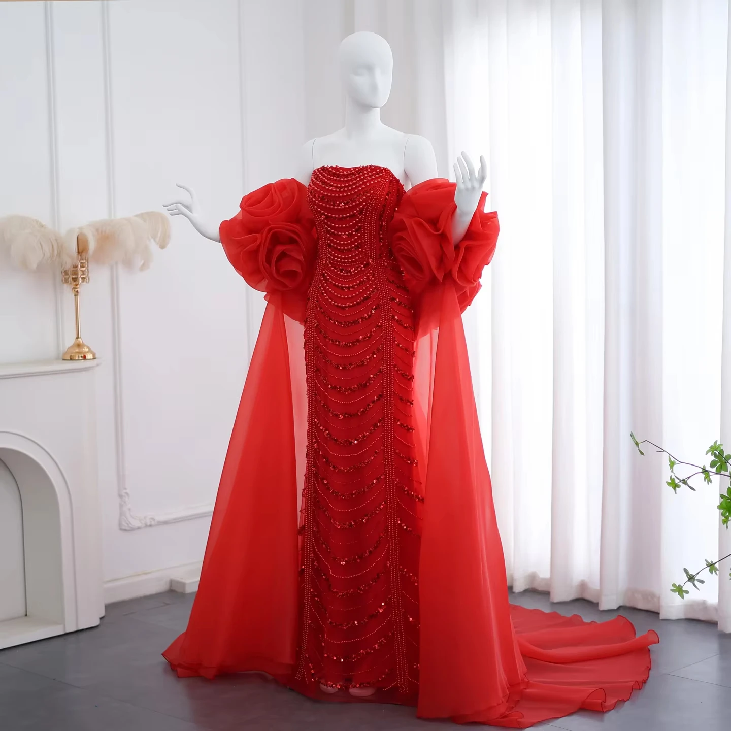 Jancember LSZ585 Stunning Red Pearls Evening Mermaid Dress With Flower Train Jancember LSZ585 Stunning Red Pearls Evening Mermaid Dress With Flower Train
