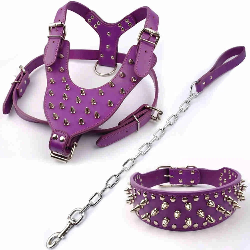 Benala Leather Spiked Studded Pet Dog Collar & Chain Leash Military Set of Matching for Small Medium Large Breeds