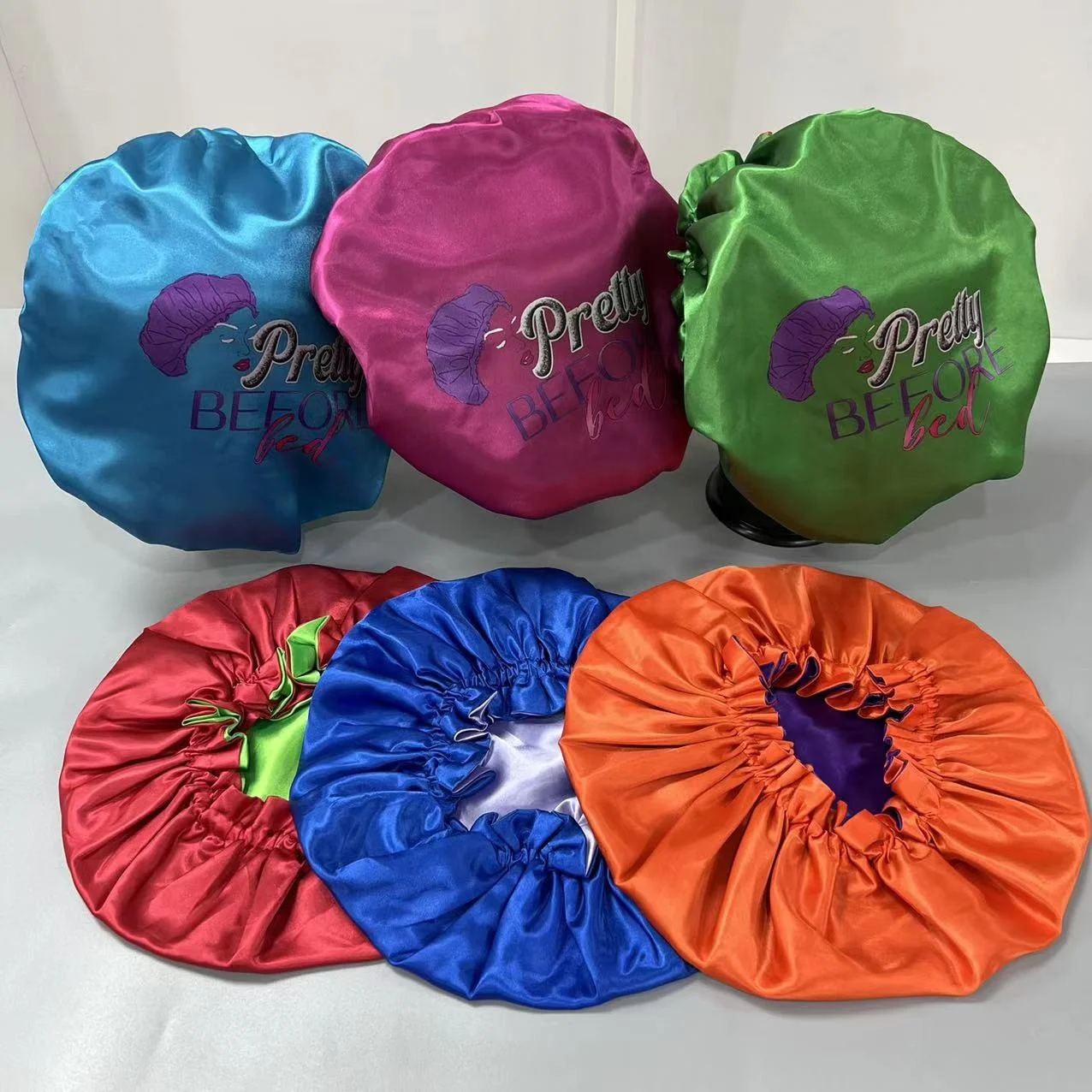 Wholesale Factory Wholesale newest trend Double Layer Silk Hair Bonnet  Custom sleep hair bonnets with Logo pattern Satin designer Bonnets From  m.