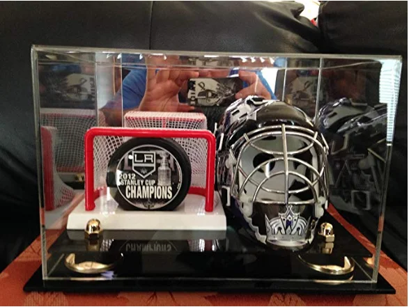 Custom clear Acrylic Display Cases for Mini Football Helmet Showing Box with Bell Riser