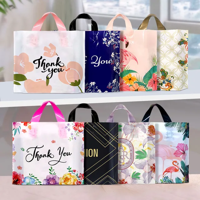 Yiwu Factory Direct PE Plastic Handbag Wholesale Bottom-Folding Clothing Shopping Bag and Thank You Gift Bag Foreign Trade