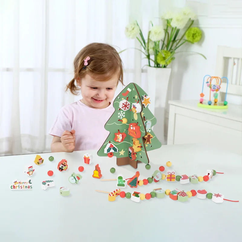Wooden Christmas Tree Toys DIY Stringing Beading Game Early Educational Activity Threading Lacing Toys