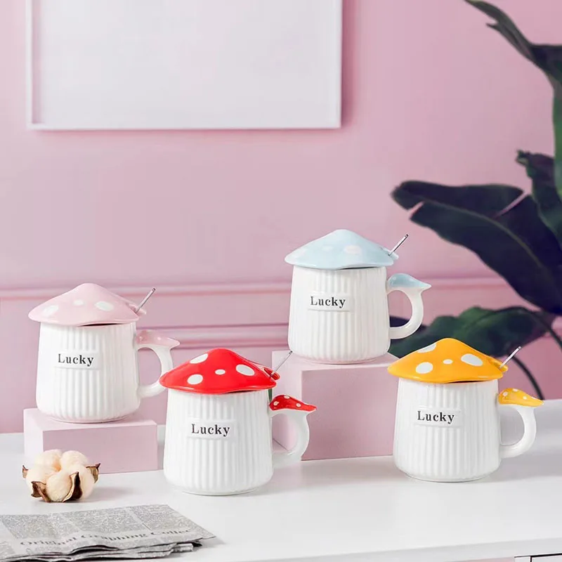 Factory Direct Selling Japanese Style Cute Mushroom Gift Cup Creative Relief Ceramic Coffee Cup With Lid Spoon