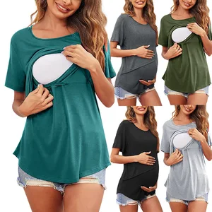 Summer Maternity Top for Europe and America Solid Color Round Neck Short Sleeves Breastfeeding Friendly Postpartum Care