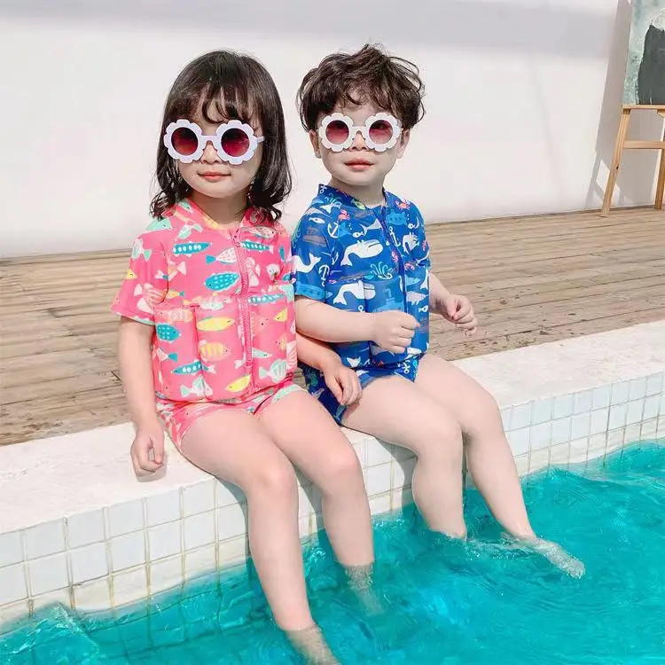 Children Buoyancy Swimsuit Swimming Training Swimwear Boys Girls Floating Rash Guards Bathing Suit with Caps W081
