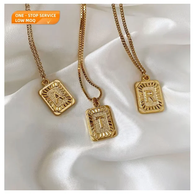 Minimalist Gold Square Alphabet Rectangle Initial Letter Boho Vintage Medallion Pendant Necklace