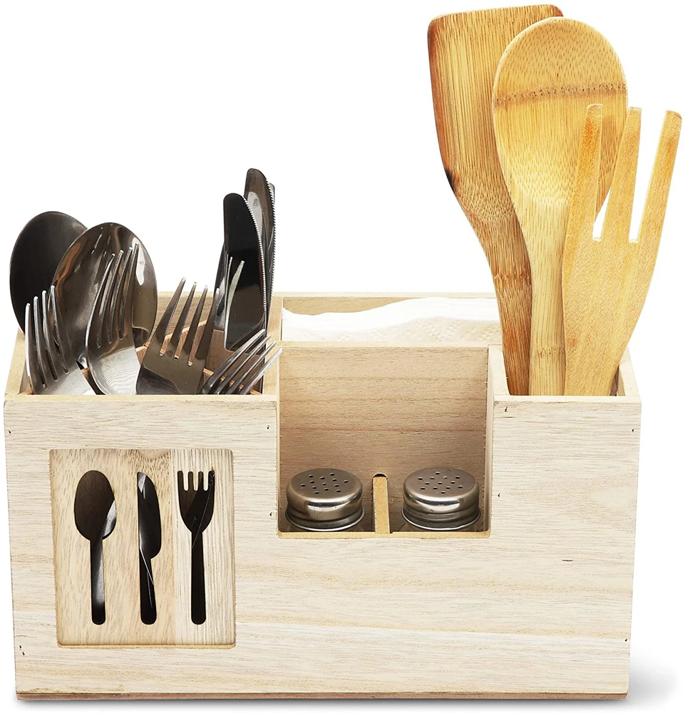 Organizer Caddy Box For Cooking Silverware Vintage Rustic Barnwood Torched Wood Kitchen Utensil Holder Flatware and More Sauce Spoon Tongs 