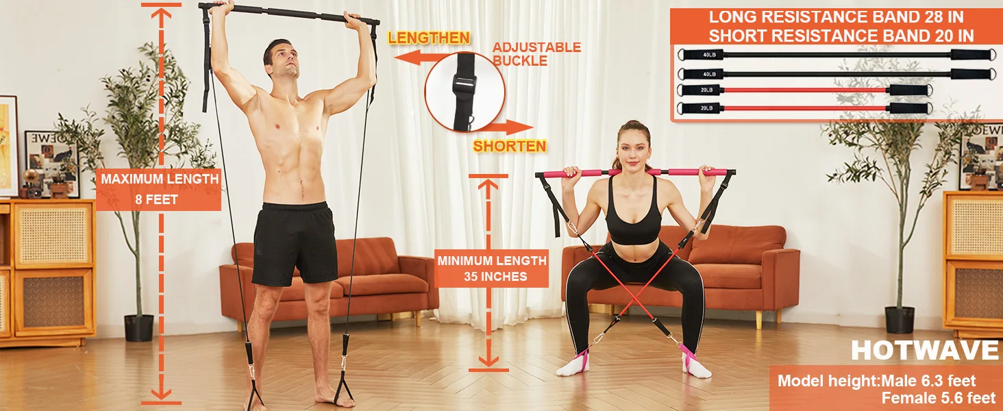 odm 3 section portable pilates kit bar adjustable fitness yoga pilates bar kit with resistance bands-2