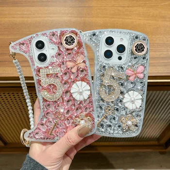 Luxury Diamond-Studded Handbag for iPhone 15 ProMax & 14 Pro Fashionable Pearl Chain Phone Case High-End 'Ins' Style