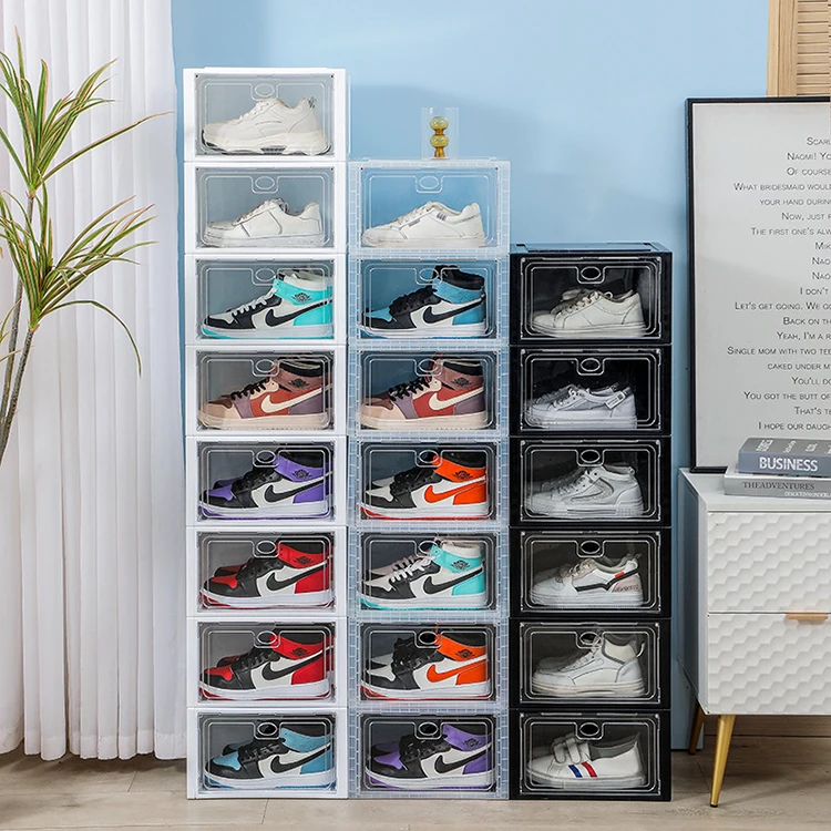 Factory Direct Transparent Stackable Shoe Storage Box Foldable Plastic Sneaker Crates with Drop Front Door for Shoe Organization
