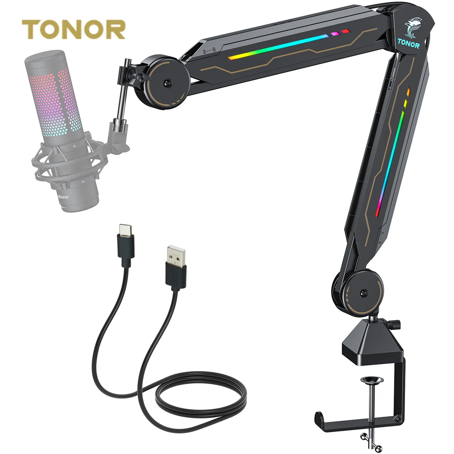 TONOR T90 Professional Microphone Adjustable Desktop RGB Gaming Boom Arm  Mic Stand Pedestal Para Microfone Profissional