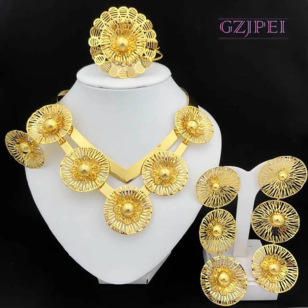 24k Gold Plated Large Size Jewelry Set With Flower Necklace Indian