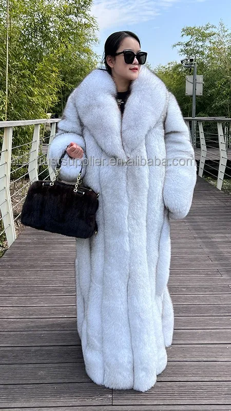 2024 Women Winter Thick Fox Fur Long Coat Real Natural Blue Fox Fur Trench Longer Coats 