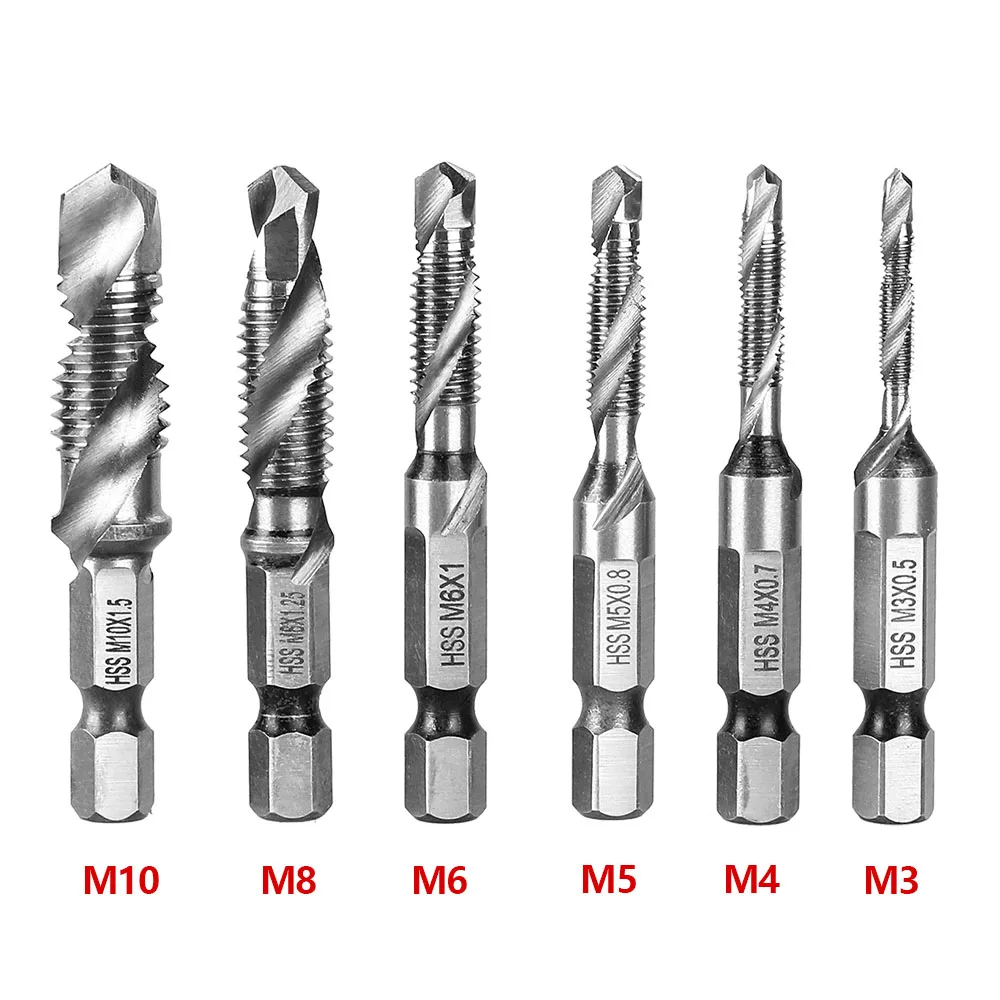 6Pcs/Set Metric Thread M3-M10 Drill and Tap Bit Hex Shank Drill Bits High Speed Screw Tap Titanium Coated Screw Taps Tool Set for Tapping 