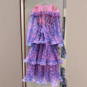 AELESEEN Spring Autumn Dress New Fashion Design Women Runway Beading V-Neck Cascading Ruffles Print Flower Casual Belt Holiday