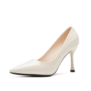 Stylish Comfortable Ivory Patent Leather Summer Slip-On Pumps with Pointed Toe & Stiletto Heel