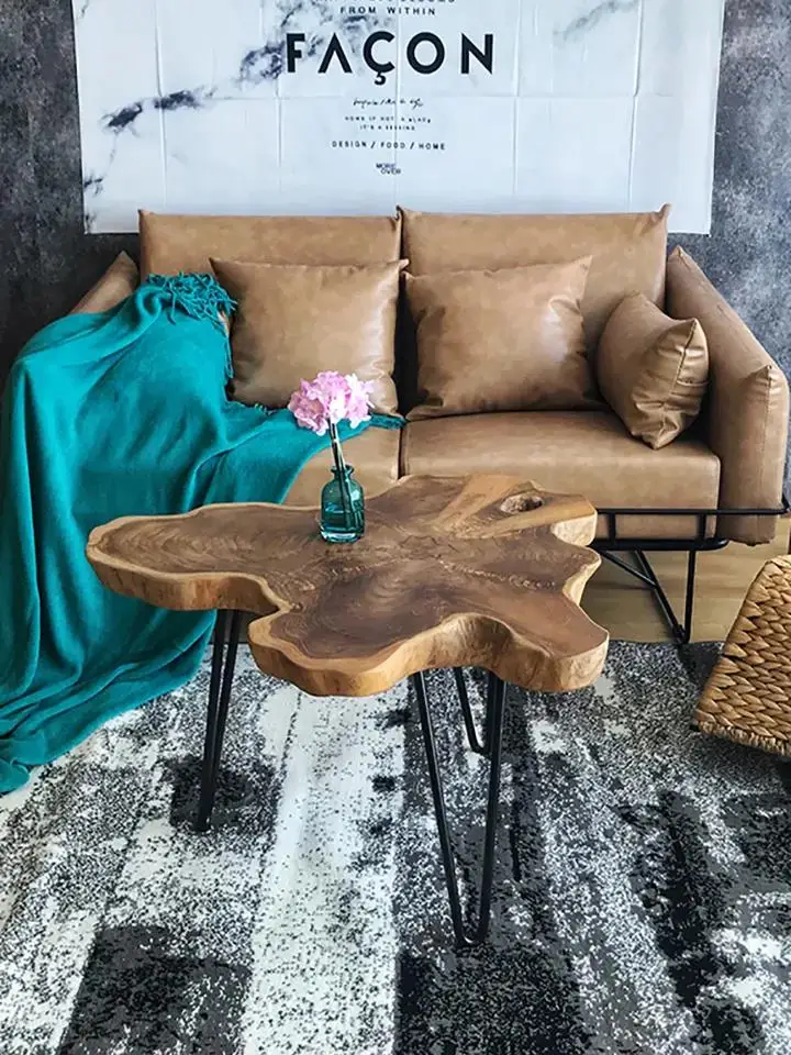 Random Shape Live Edge Round Table Antique Wood Slab Epoxy Resin Slab Wooden Coffee Table