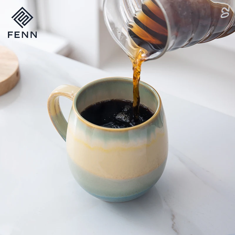 FENN Novelty Style Gradient Reactive Glaze Pot Belly Mug Large Ceramic Handmade Coffee Mugs Cup Stoneware Chubby Mug for Gift