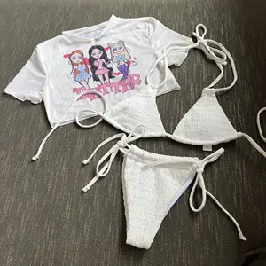 2025 New Portrait Print Drawstring Strap Three Piece Swimsuit Women Bikini