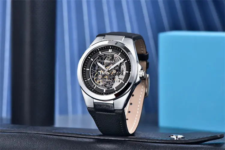 Часы Benyar 5207M, роскошные мужские часы с механизмом, горячая распродажа, ремешок из натуральной кожи, водонепроницаемые, автоматические, полые, деловые часы