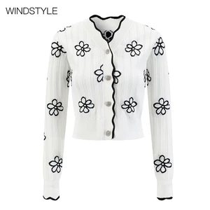 Autumn Casual V-Neck Wavy Sweater with Black and White Floral Print High-Grade Feeling Knitted Cardigan Jacket