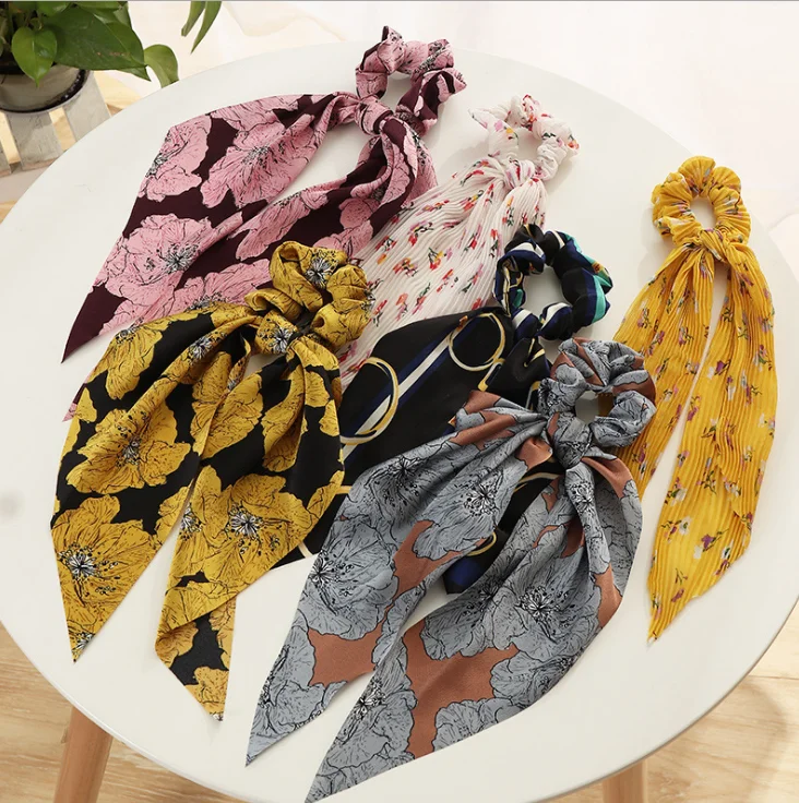 Vintage Silk Scarf Hair Scrunchies with Bow