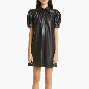 Clothing Manufacturers Custom Spring Summer Autumn Faux Leather Turn Down Neck Short Sleeves Shift Dress