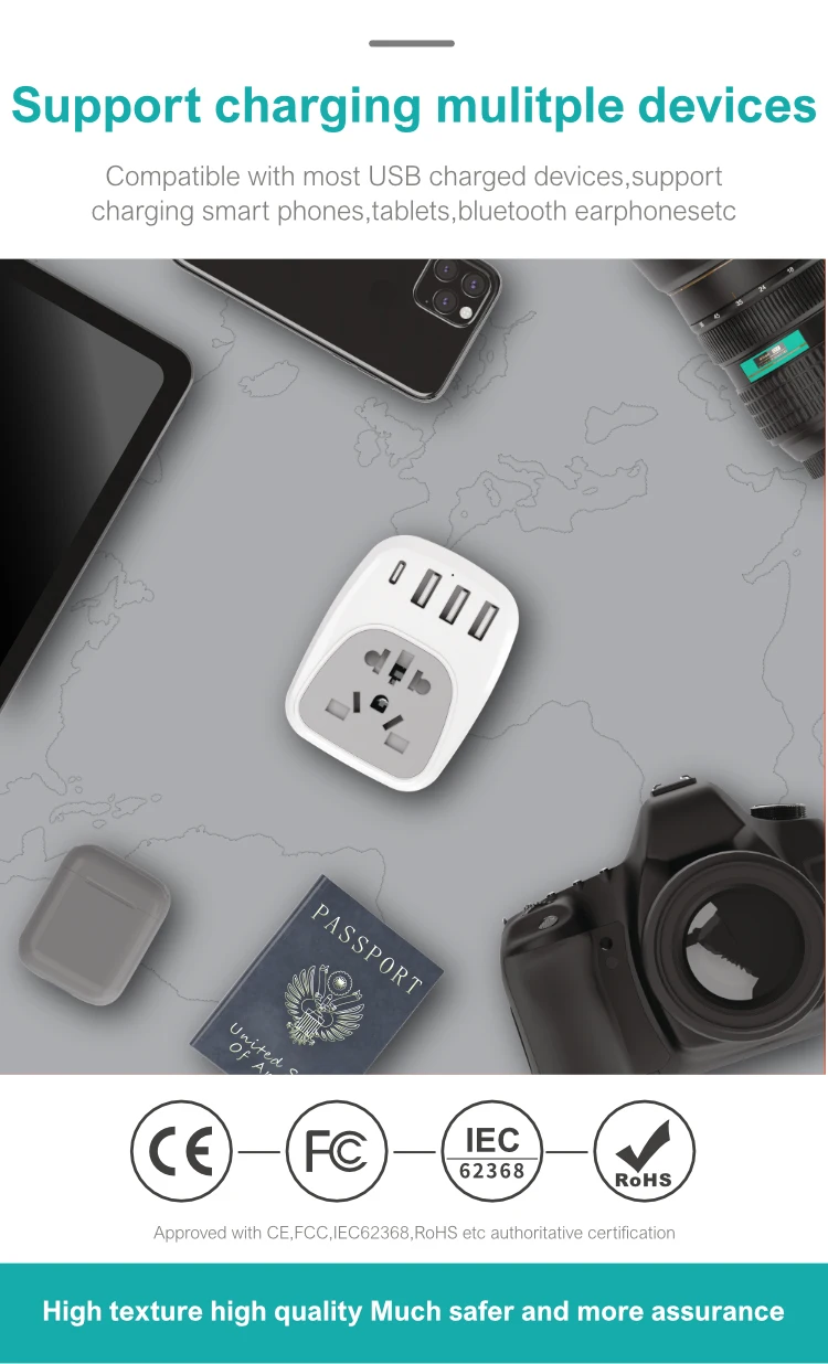 Wontravel Germany France Travel Adaptor Grounded 4 in 1 Euro Power Plug European Plug Adapter with 3 USB Outlet