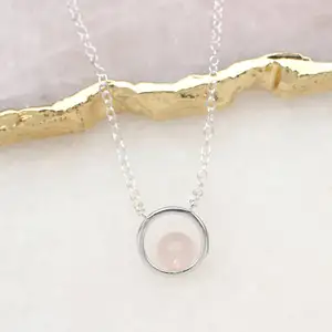 High Quality Classic Style 925 Sterling Silver Natural Stone Rose Quartz Quartz Hoop Necklace Vermeil for Women