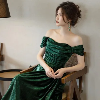 2024 Spring And Summer Vintage Skirt Floor Length Dresses Off Shoulder Ball Gown Green Color