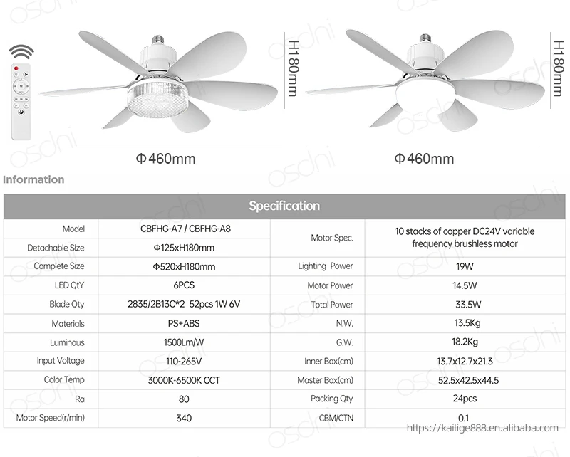 现代E27发光二极管吊扇，带浅白色可拆卸叶片遥控器，室内使用卧室厨房小ABS主体