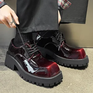British Style Thick-Soled Lace-Up Men's Trendy Korean Version Square-Toe Derby Shoes Red Youth Casual Suit Shoes