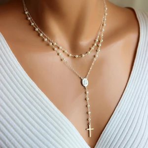 Sterling Silver Necklace Rosary Cross 18k Rose Gold Silver Sublimation Rosary Necklace
