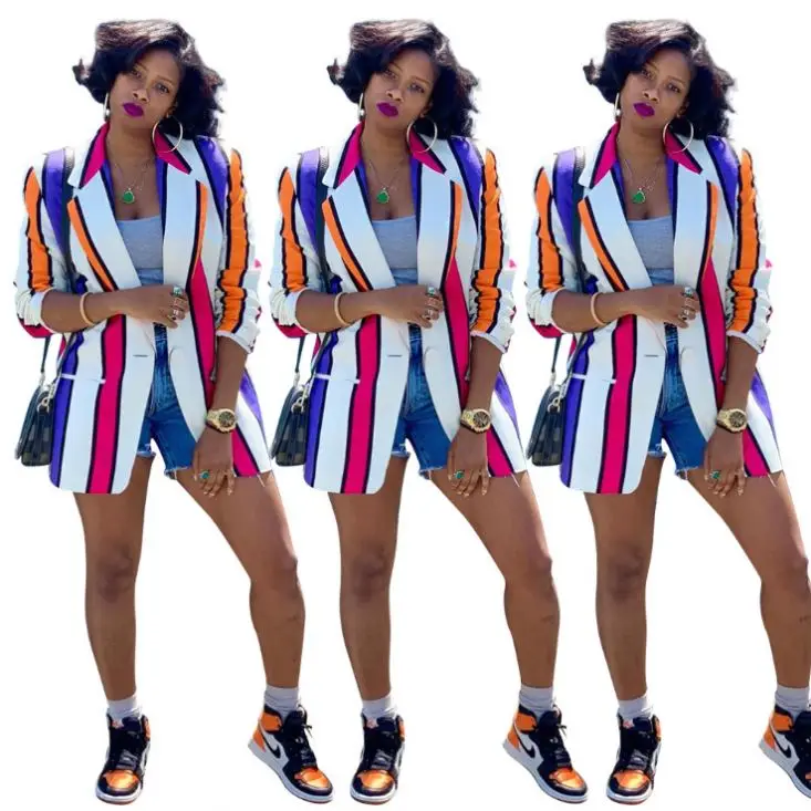 Женский блейзер в полоску yys разноцветный с V-образным вырезом дамские блейзеры