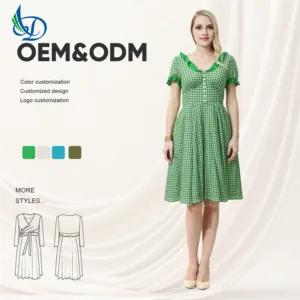 OEM Women's Casual A-line Half Sleeve Checkered Printed Dress Vintage Summer Knee Length