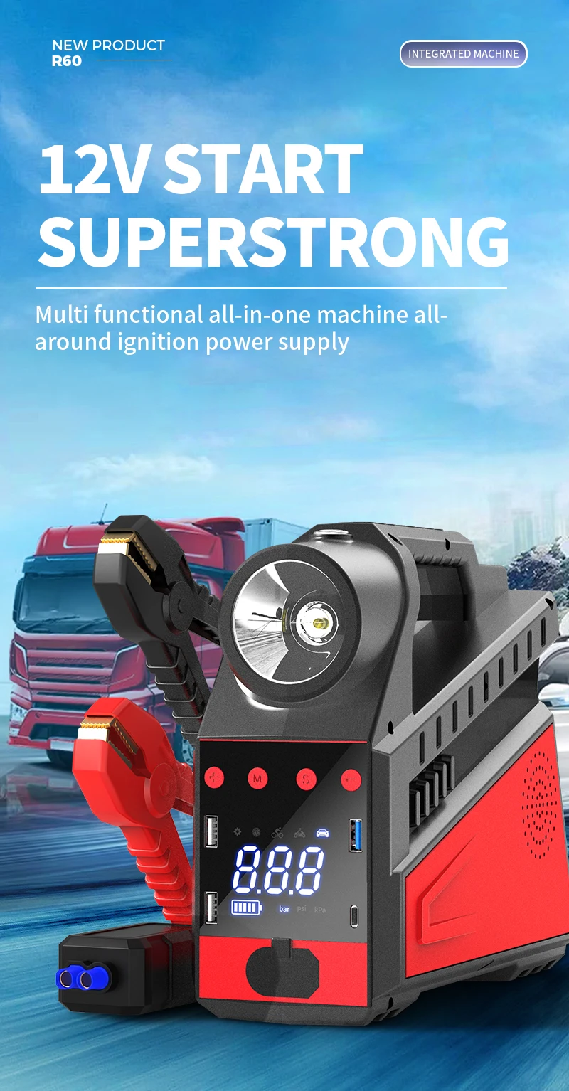 New 4 in 1 Portable Emergency Jump Starter Tyre air Pump with Power Bank air Compressor Car Inflator with LED Light