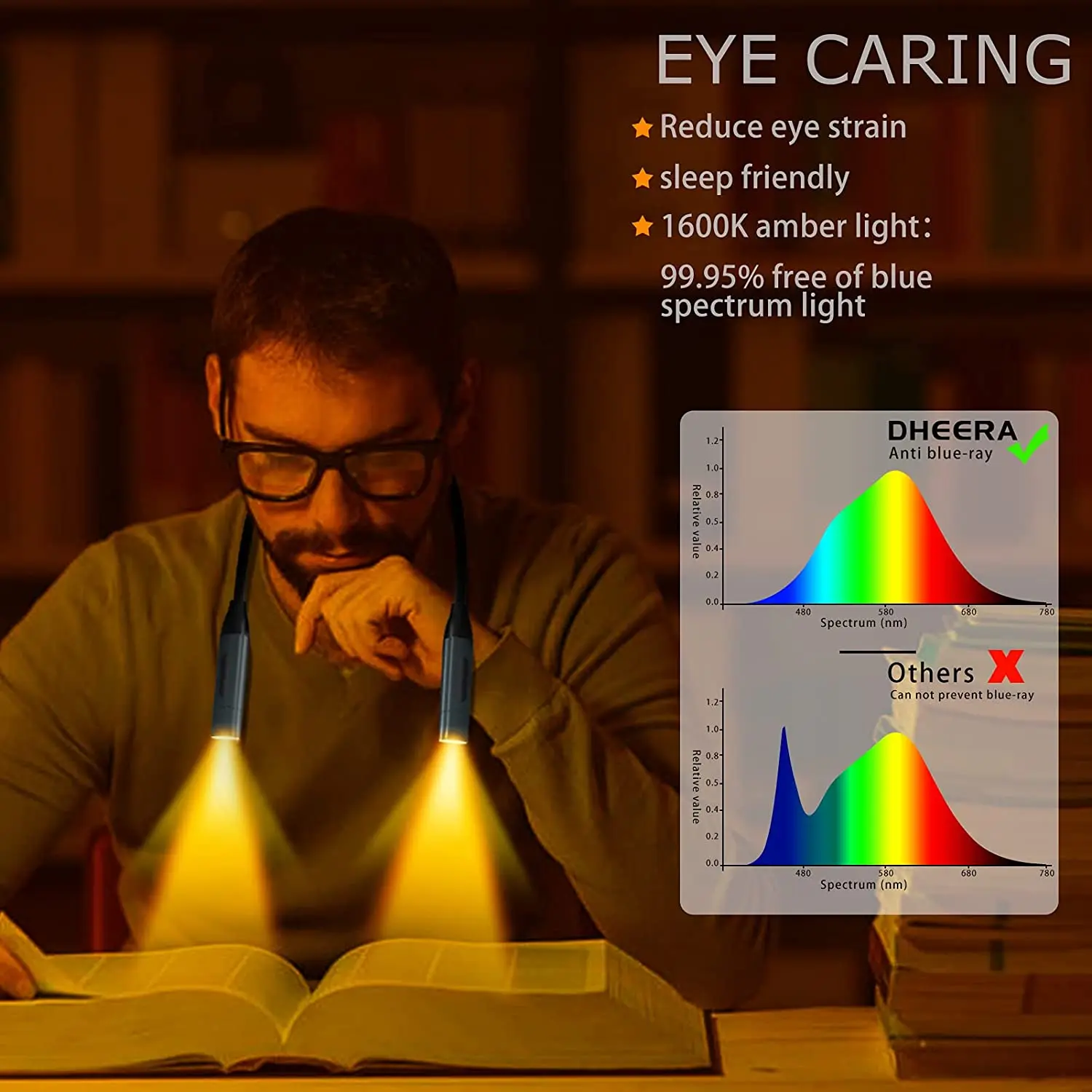 3 Colors 6 Brightness Levels Bendable Arms Rechargeable Long Lasting LED Neck Book Light for Reading in Bed