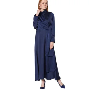New Middle Eastern Muslim Robe Women Fashion High Waist Lace-up Crewneck Long Sleeve Dress
