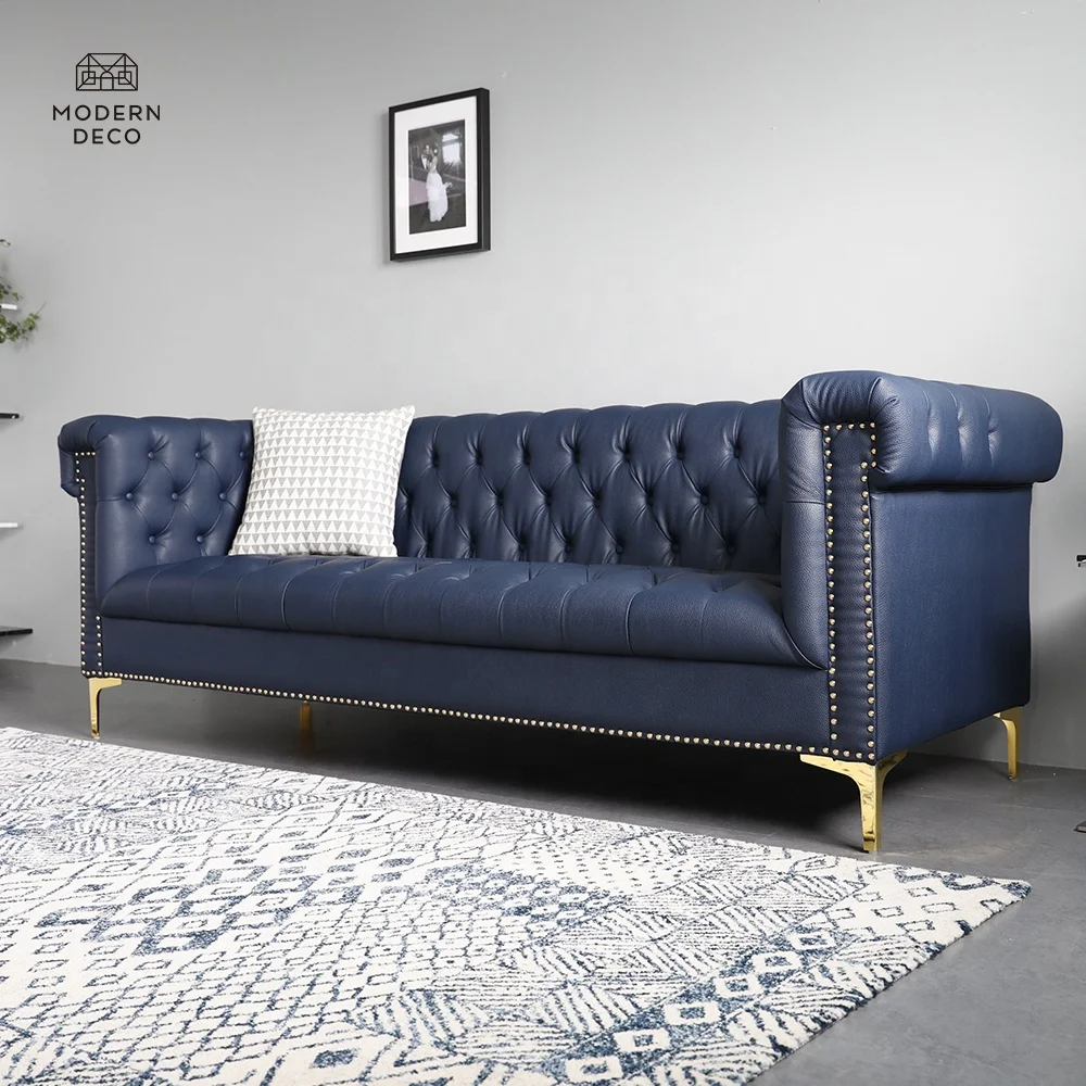 Fekete mesterséges bőrös Chesterfield kanapé 3 ülőhelyes ezüst fémes lábakkal, gömbölyű karfákkel, fémhártyás díszeléses nappali, lounge, iroda