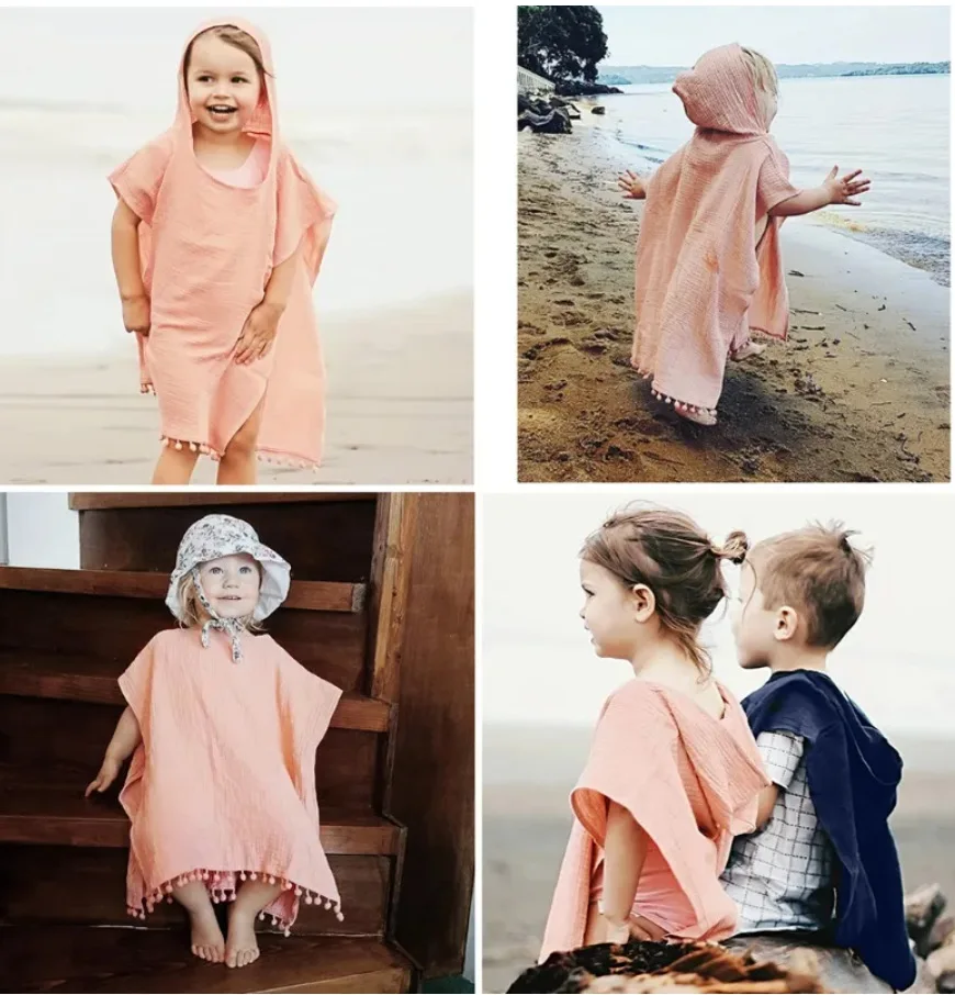 DiaryLook Kids Hooded Beach Towel Robe – Quick Dry Zip-Up Poncho For Swimming, Ages 5-7, Pink