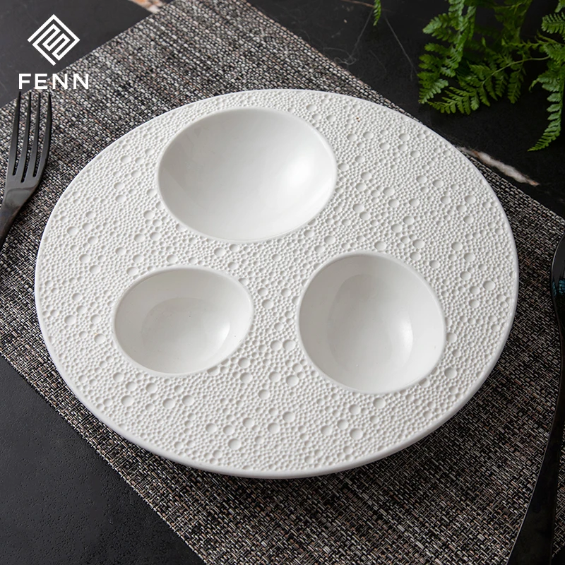 Unique Shape Nordic White Porcelain Egg Shape Lunar Surface Soup Platter Hotel Restaurant Used Wholesa Ceramic Appetizer plate