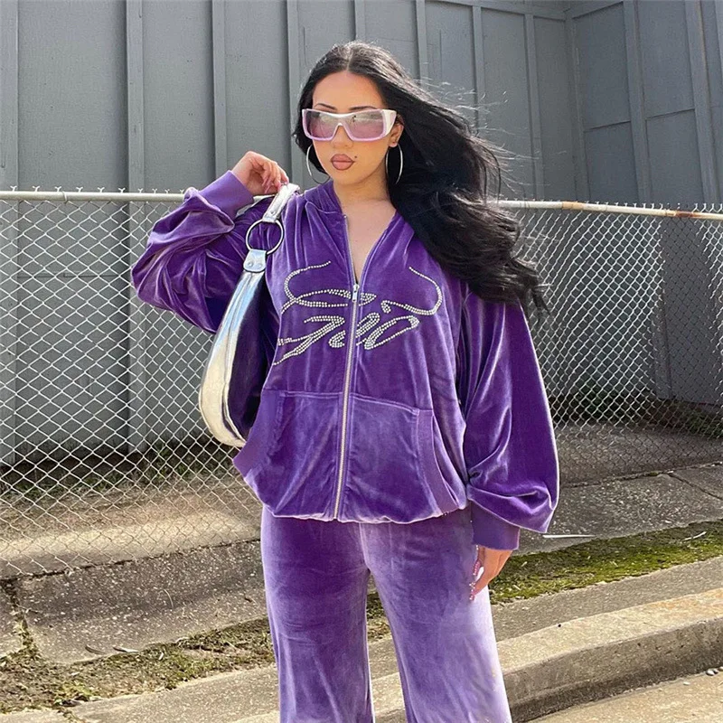 Повседневный свободный свитер с капюшоном на молнии для девочек на заказ, осень 2021, бархатный комплект из 2 предметов, велюровые спортивные костюмы для женщин