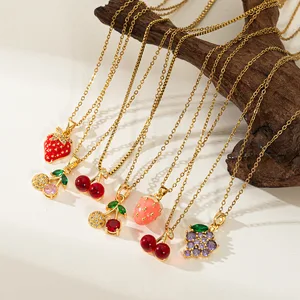 Wholesale Gold Plated Stainless Steel Cherry & Strawberry Pendant Necklace Link Chain Women's Gifts Featuring Red Fruit Design