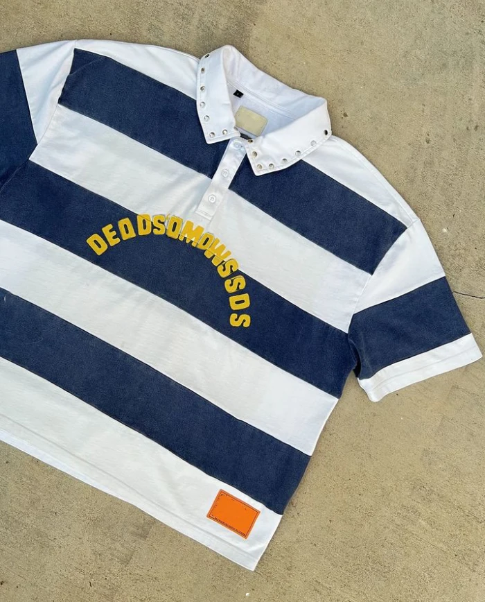 Salati T-shirt Manufacturing Designer Stud Rivet Stripe Printed Polyester Cotton Short Sleeve Boxy Cropped Polo Shirt for Men gallery 7