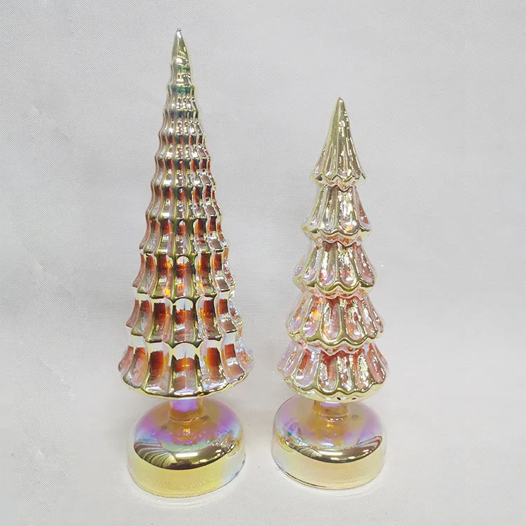 Vintage modern tabletop pre lit led lighted up mini green hand blown glass christmas tree decorative figurine set with lights details