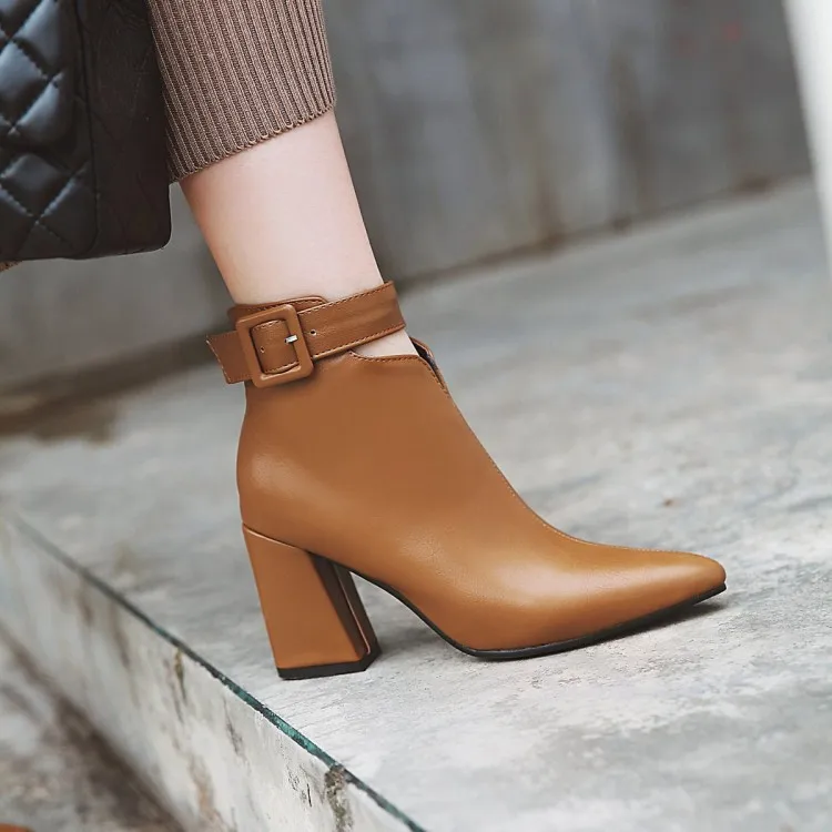 Ladies Brown Leather Elegant Pointed Toe Big Size Buckle Strap V-cut Opening Zipper High Heels Ankle Boots - Image 5